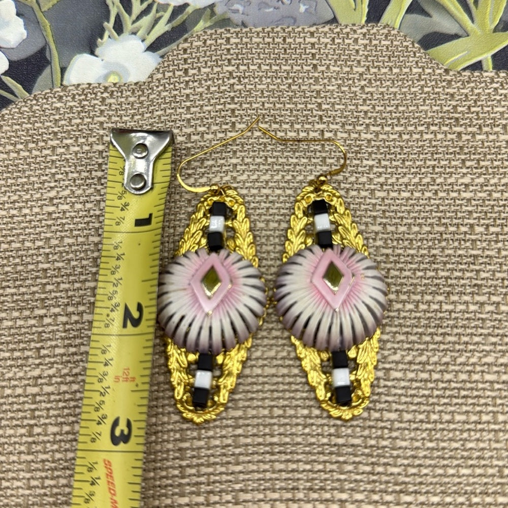 Adorned Crown Jewelry assemblage filigree pink black mod earrings