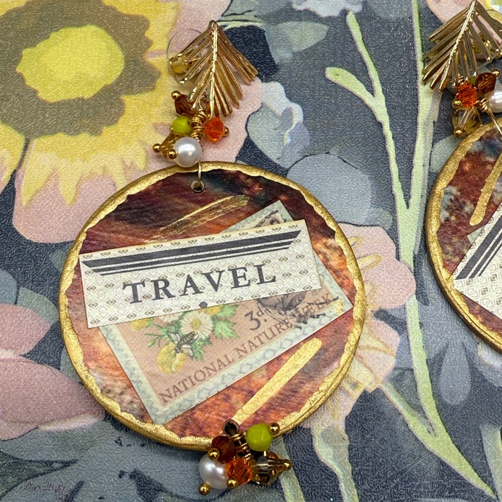 Adorned Crown Jewelry assemblage wood disc travel fall post statement earrings