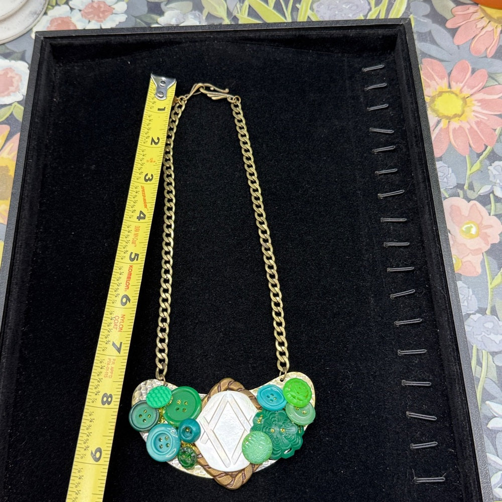 Adorned Crown Jewelry assemblage vintage button bib collage green necklace