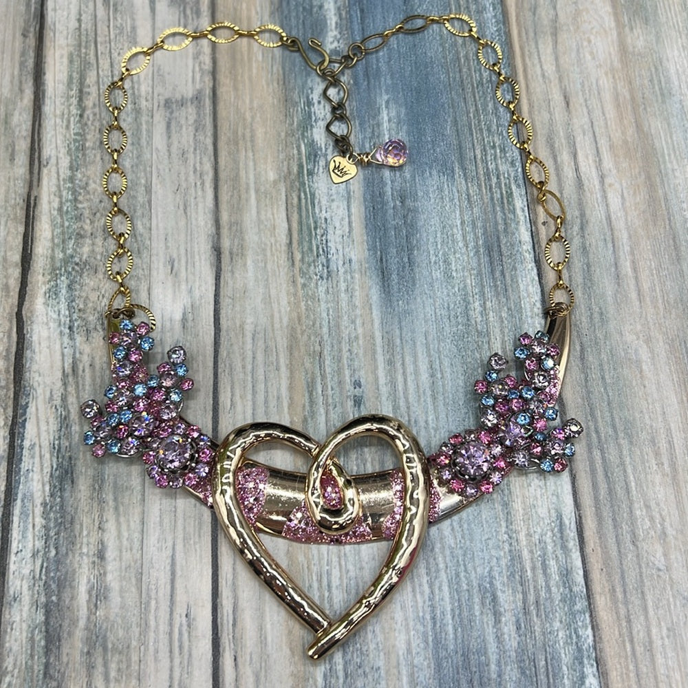 Adorned Crown Jewelry pink blue rhinestone heart bib necklace