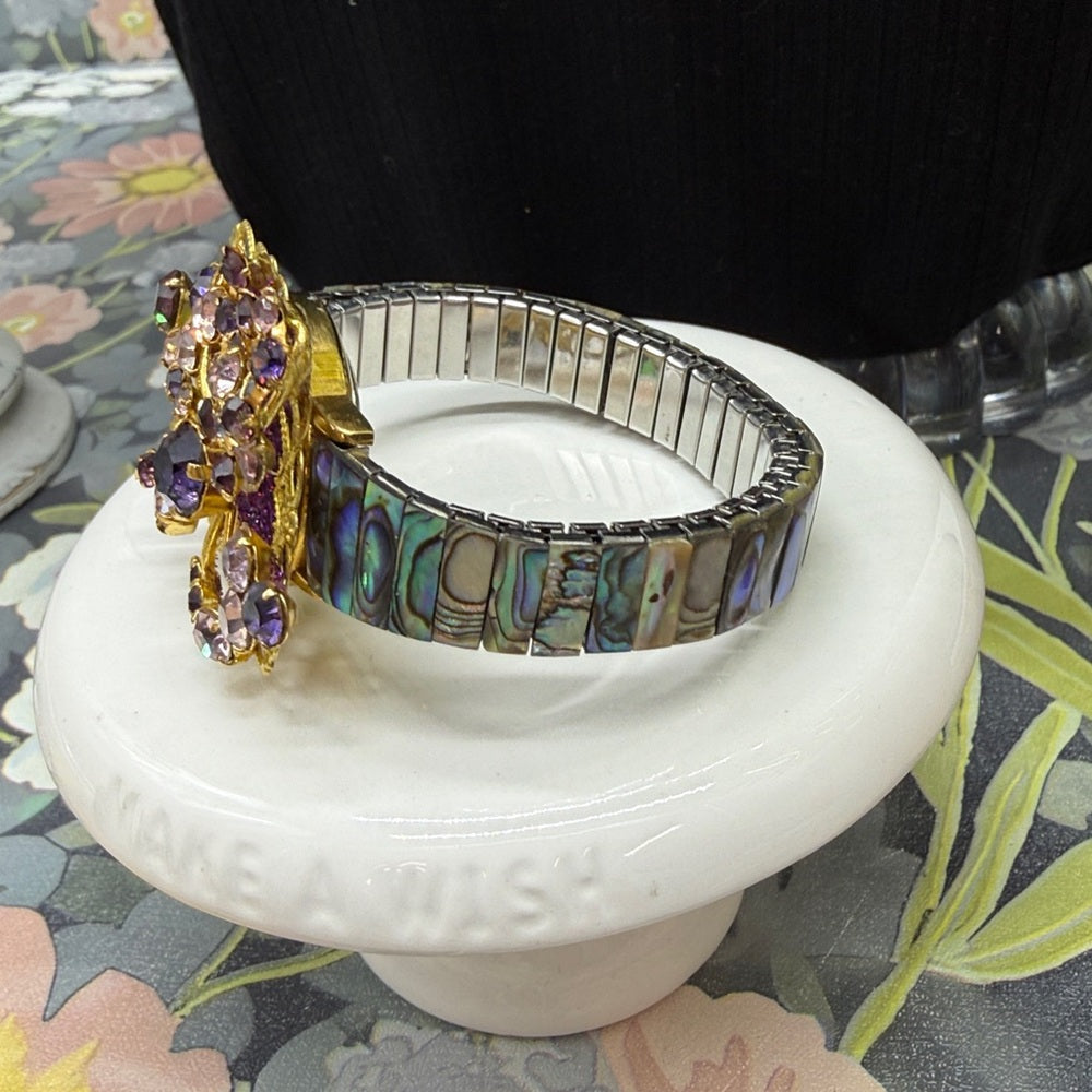 Adorned Crown Jewelry assemblage amethyst rhinestone abalone shell bracelet