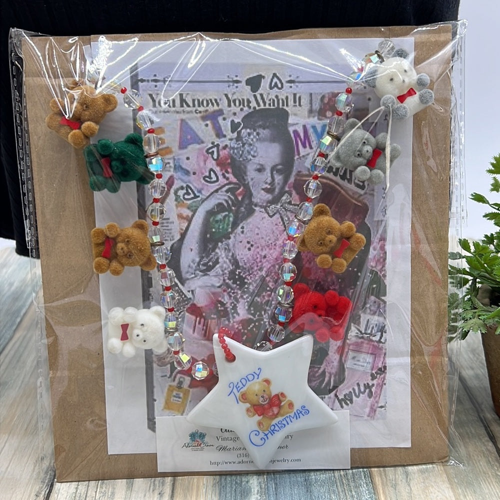 Adorned Crown Jewelry Christmas teddy bear Assemblage statement necklace