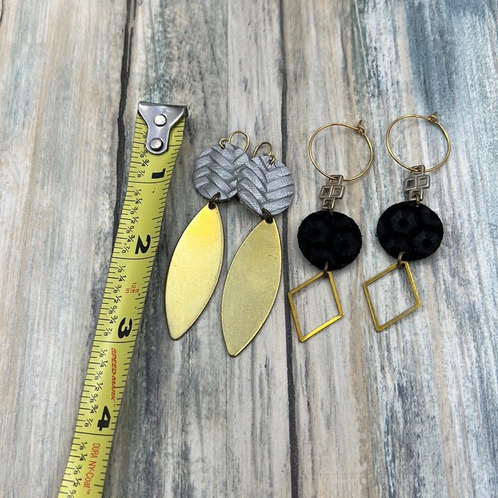 2 pair Adorned Crown Artisan Assemblage leather gray gold charm earrings
