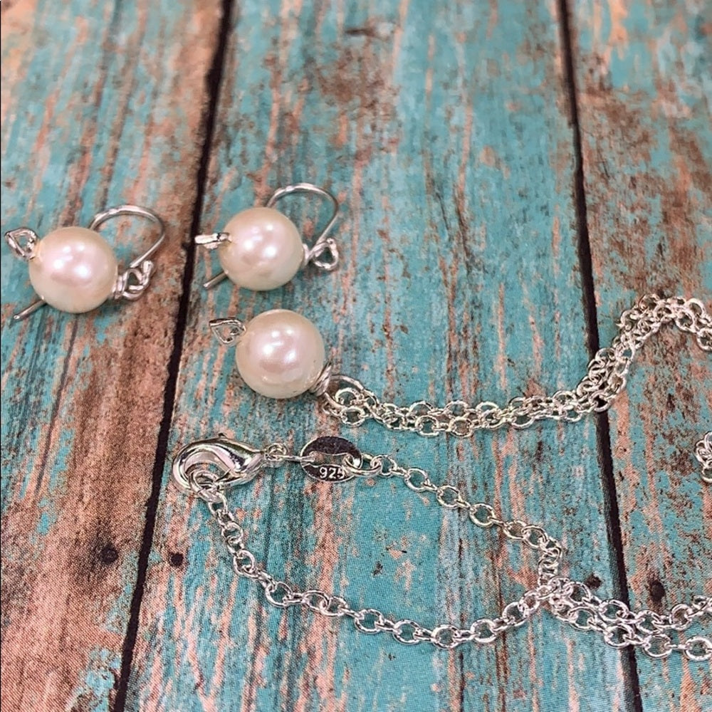 Adorned Crown glass pearl bead heart sterling set 3 earrings & necklace