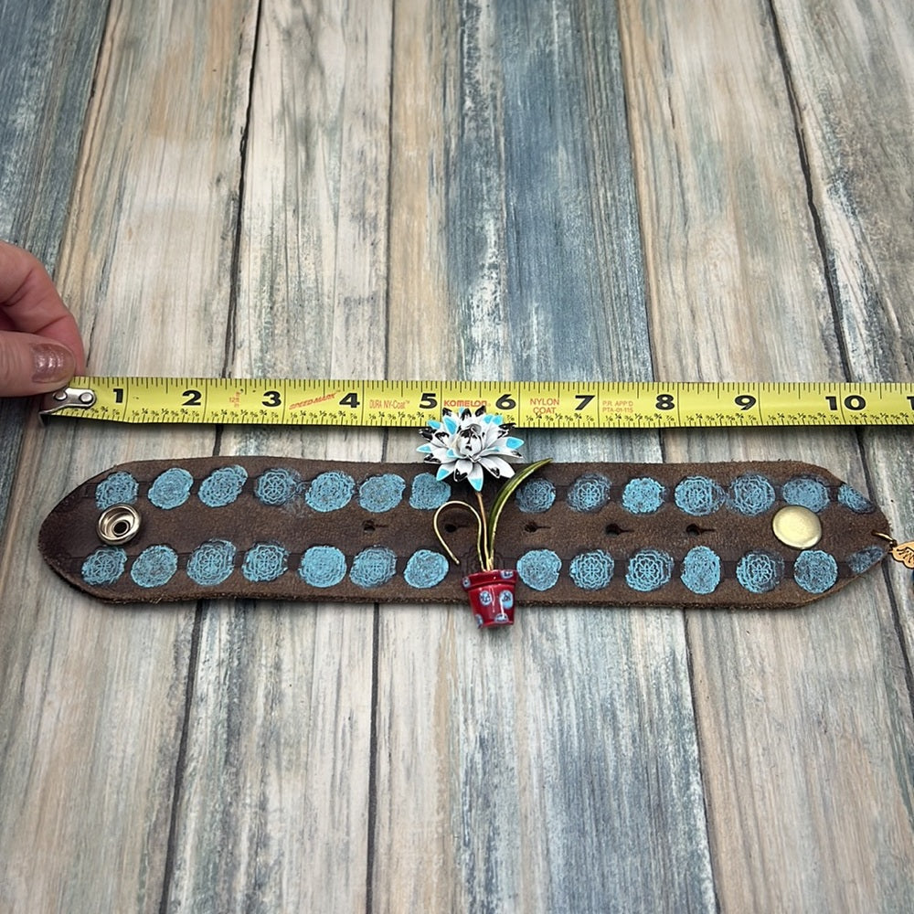 Adorned Crown enamel flower blue dot artisan assemblage leather bracelet