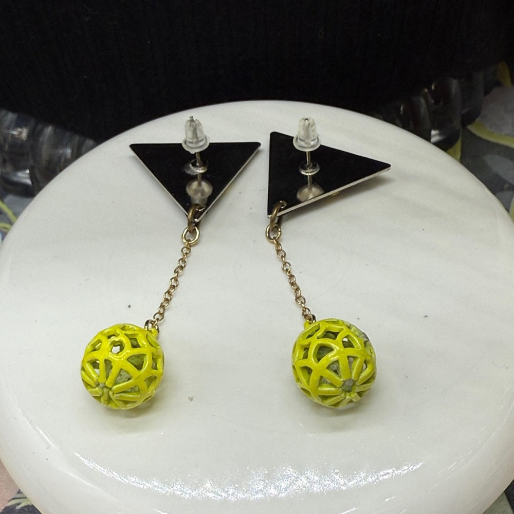 Adorned Crown Jewelry assemblage green triangle enamel cage drop post earrings