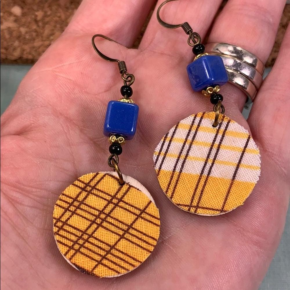 Adorned Crown vintage fabric wood disc earrings Yellow brown lightweight