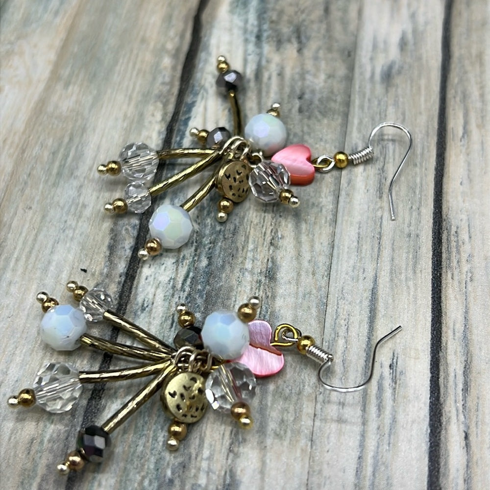 Adorned Crown Jewelry assemblage red mother of Pearl heart bead burst earrings