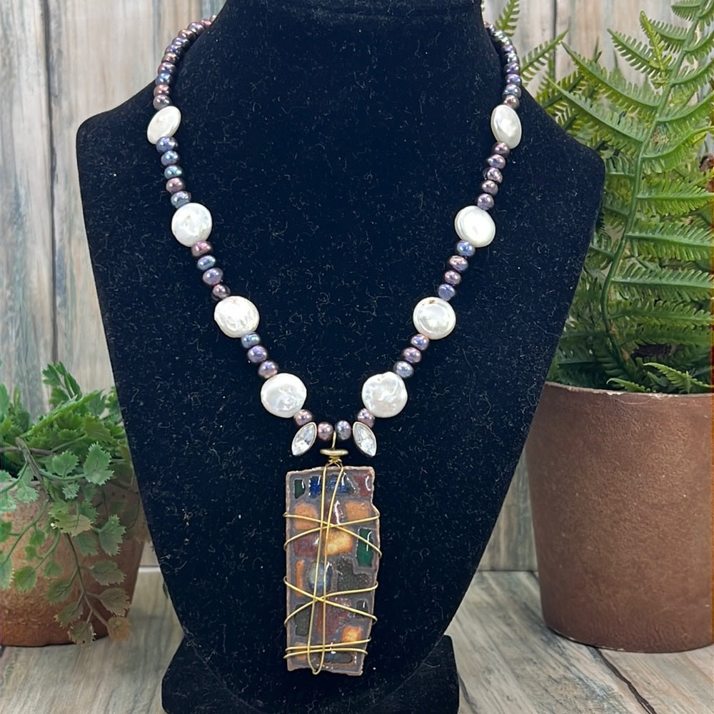 Adorned Crown Artisan Assemblage stone pendant button genuine Pearl necklace