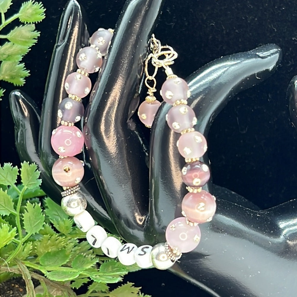 Adorned Crown Jewelry SMILE beaded sterling silver pink rhinestone bracelet