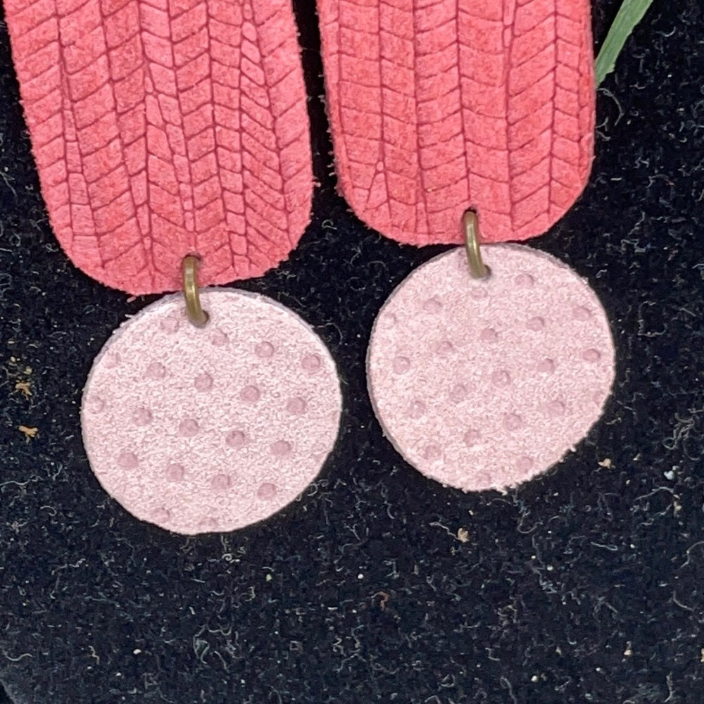 Adorned Crown geo triple leather pink blue drop earrings