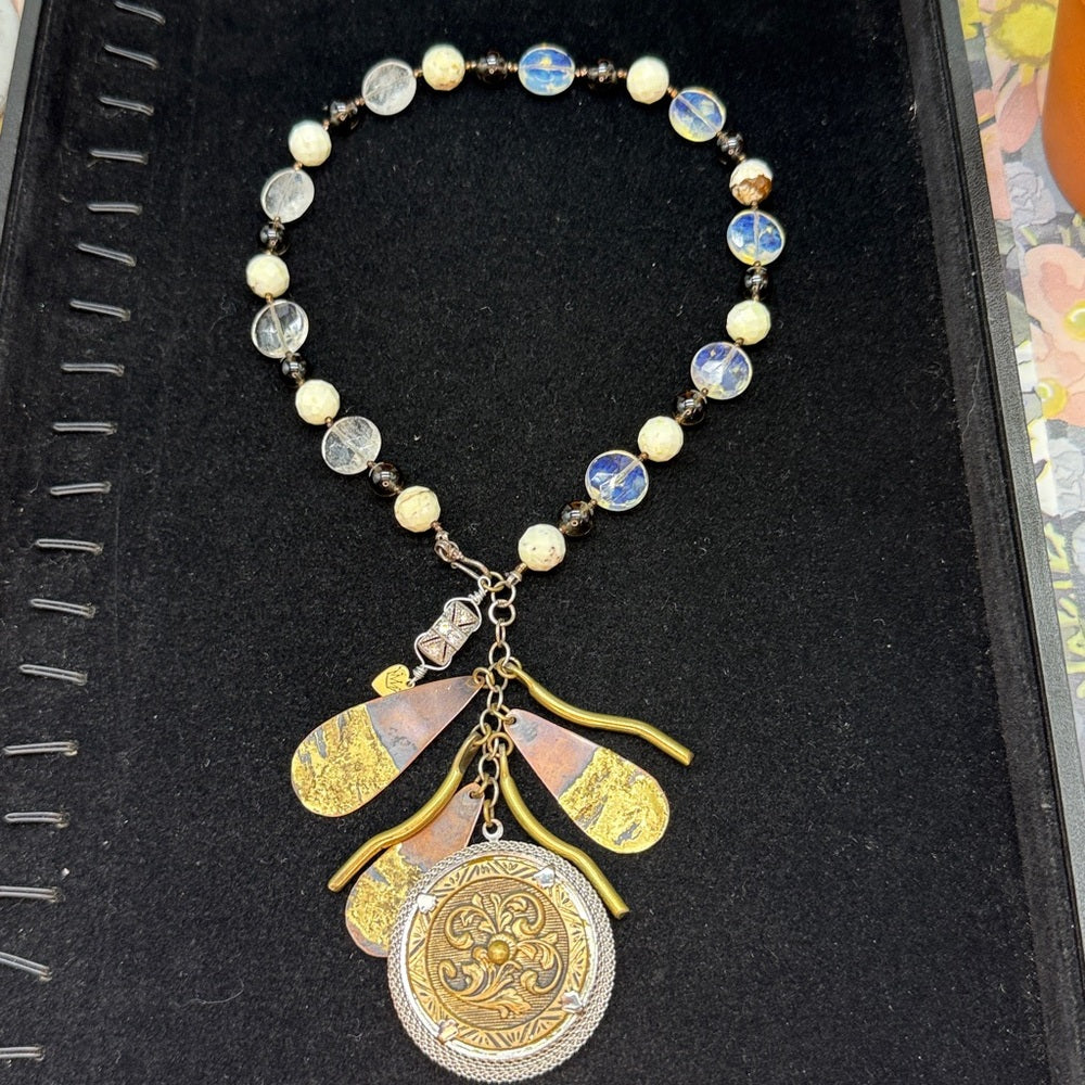 Adorned Crown Jewelry assemblage mix metal mix gemstone Y charm necklace