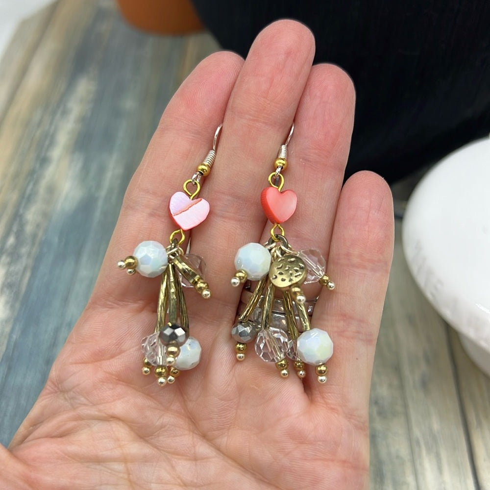 Adorned Crown Jewelry assemblage red mother of Pearl heart bead burst earrings