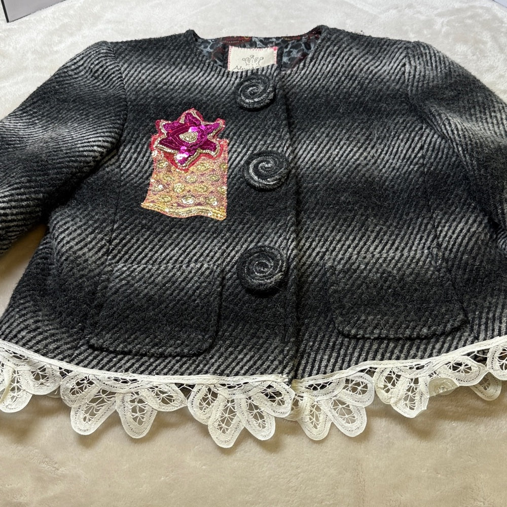 Adorned Crown Jewelry altered textile wool blend love love love jacket sz m/l