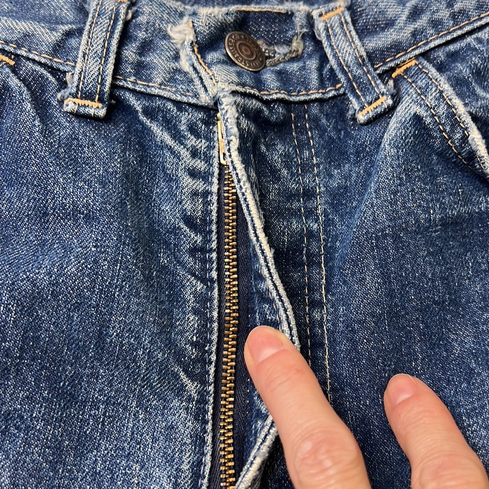 Adorned Crown Textile reworked patch Big E Levi’s cut off shorts upcycle