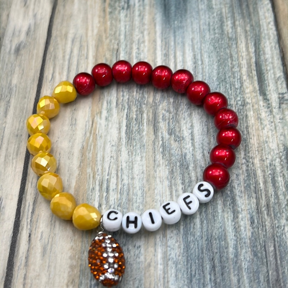 Adorned Crown Kansas City Chiefs KC football red gold stretch bracelet set E