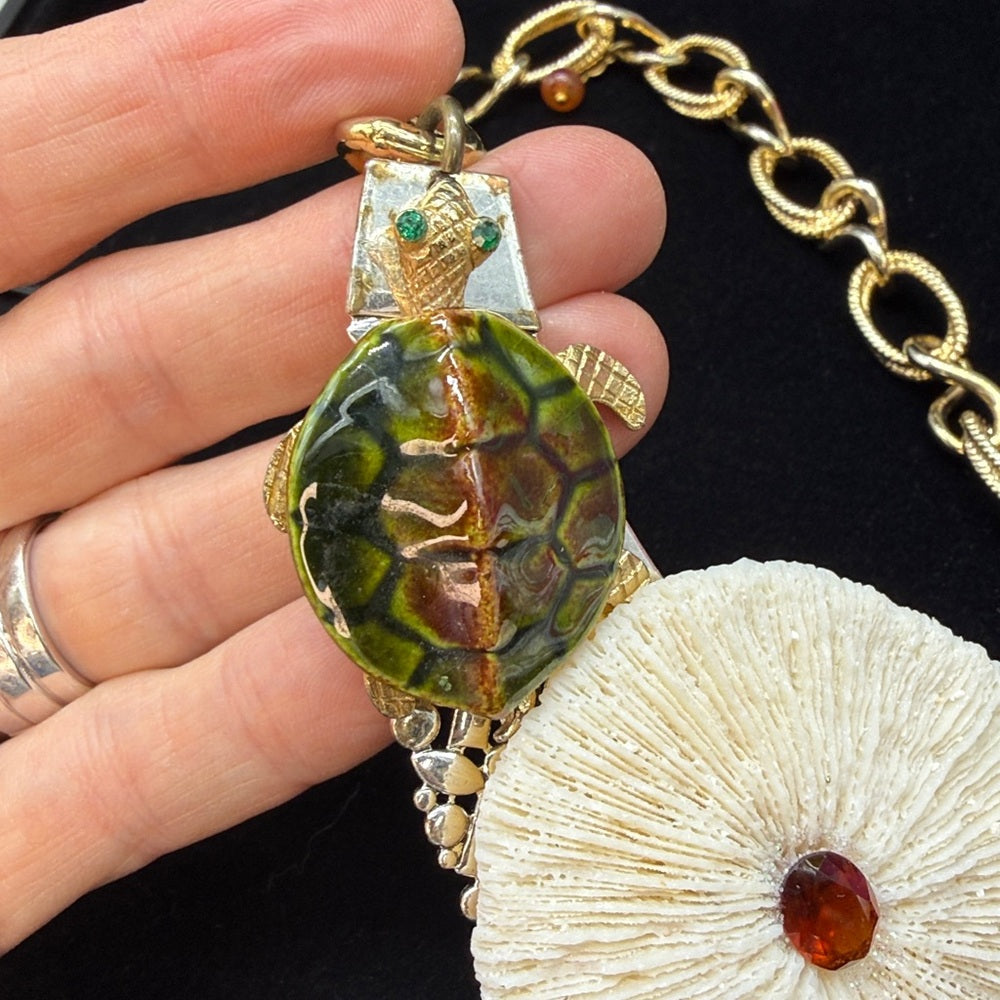 Adorned Crown Jewelry assemblage turtle alligator mushroom coral necklace