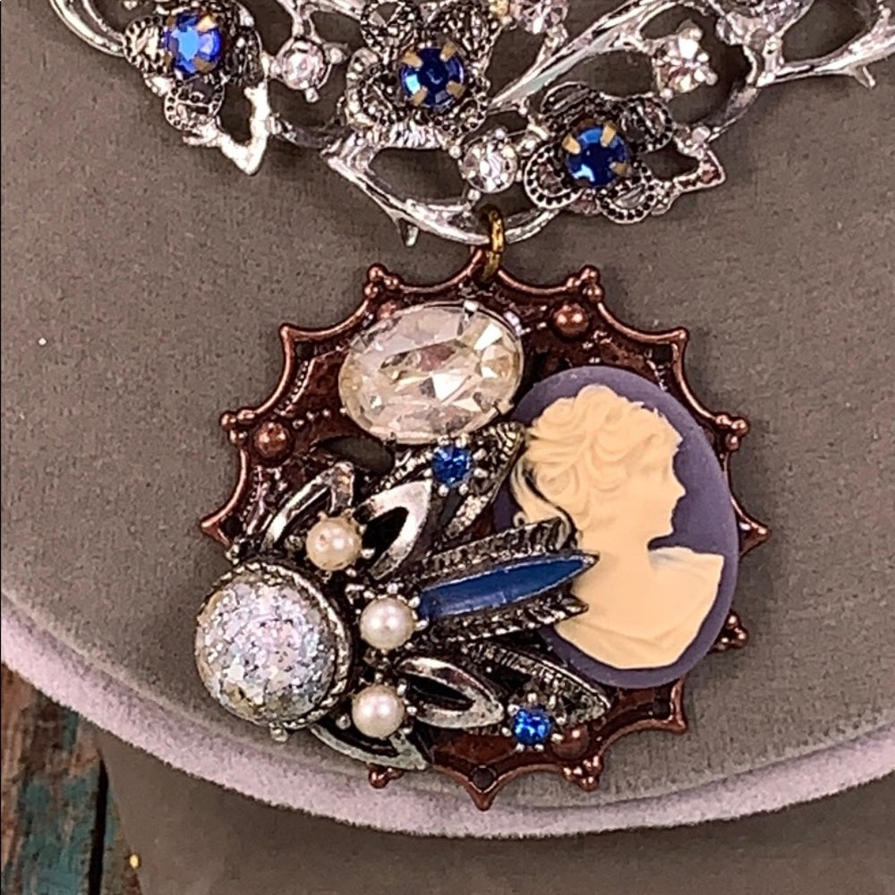 Adorned Crown Artisan assemblage “something blue” cluster rhinestone necklace