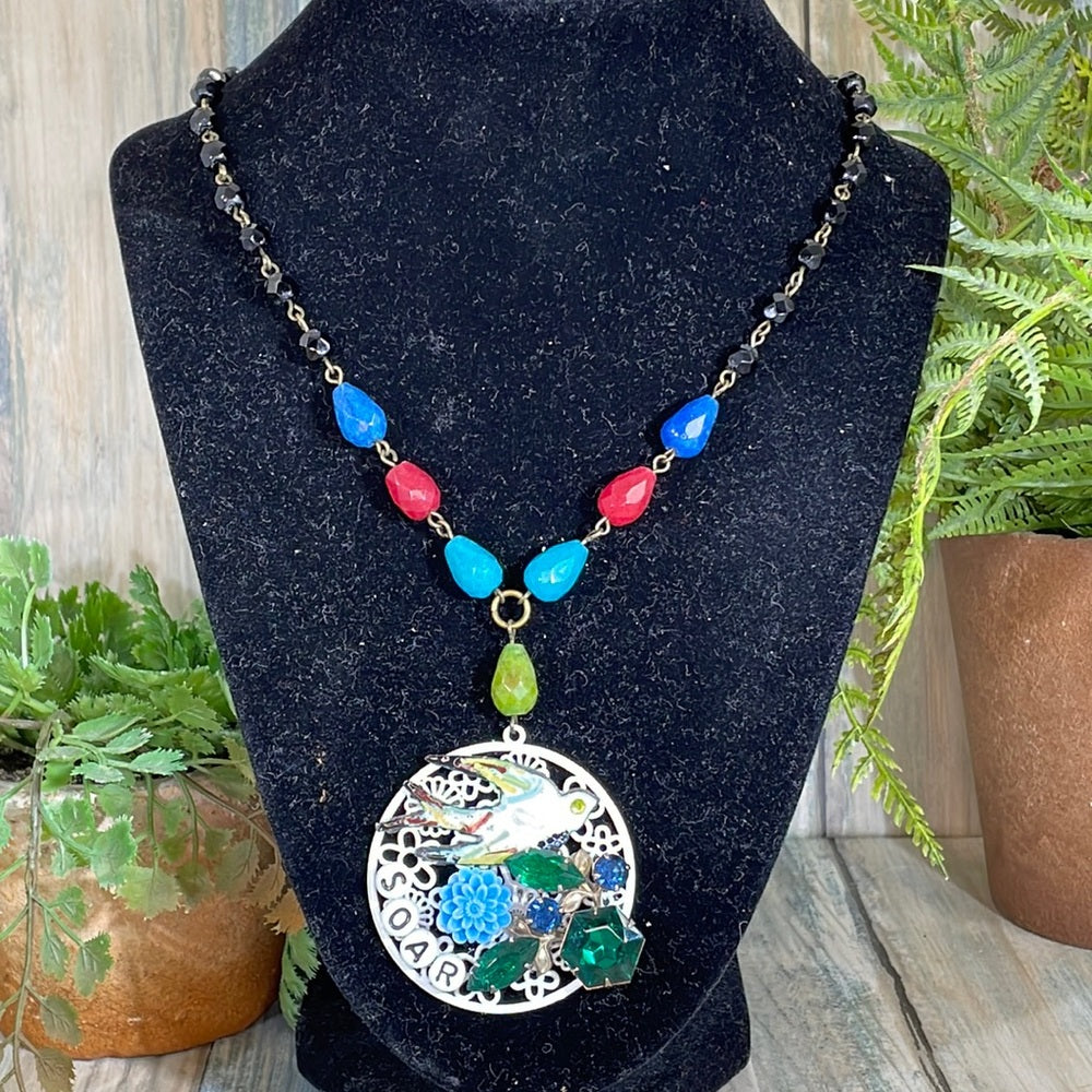 Adorned Crown Artisan assemblage necklace rosary stone soar enamel bird