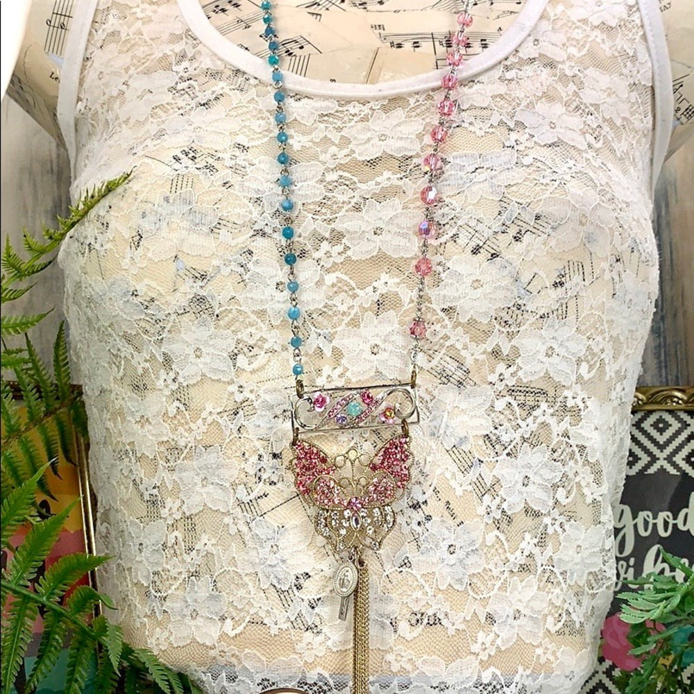 Adorned Crown artisan assemblage pink crystal butterfly necklace