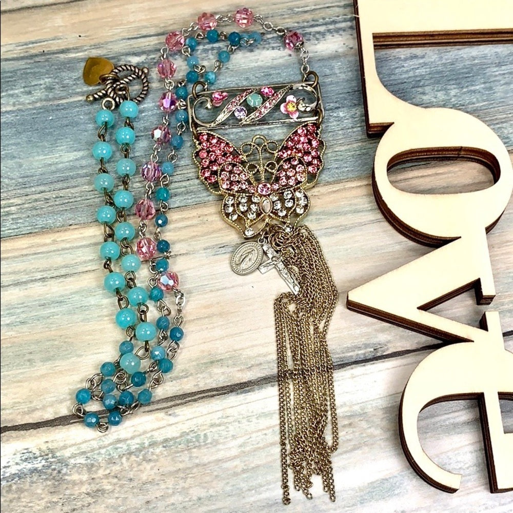Adorned Crown artisan assemblage pink crystal butterfly necklace