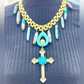 Adorned Crown Jewelry artisan assemblage enamel turquoise cross necklace