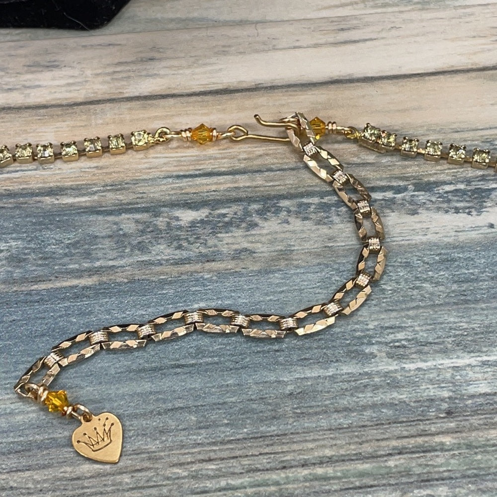 Adorned Crown artisan assemblage vintage yellow petite rhinestone necklace