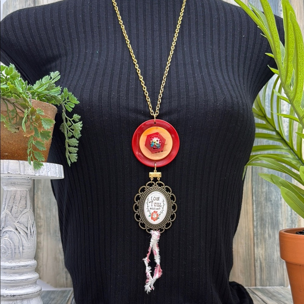 Adorned Crown Jewelry assemblage button bezel I can I will watch me necklace