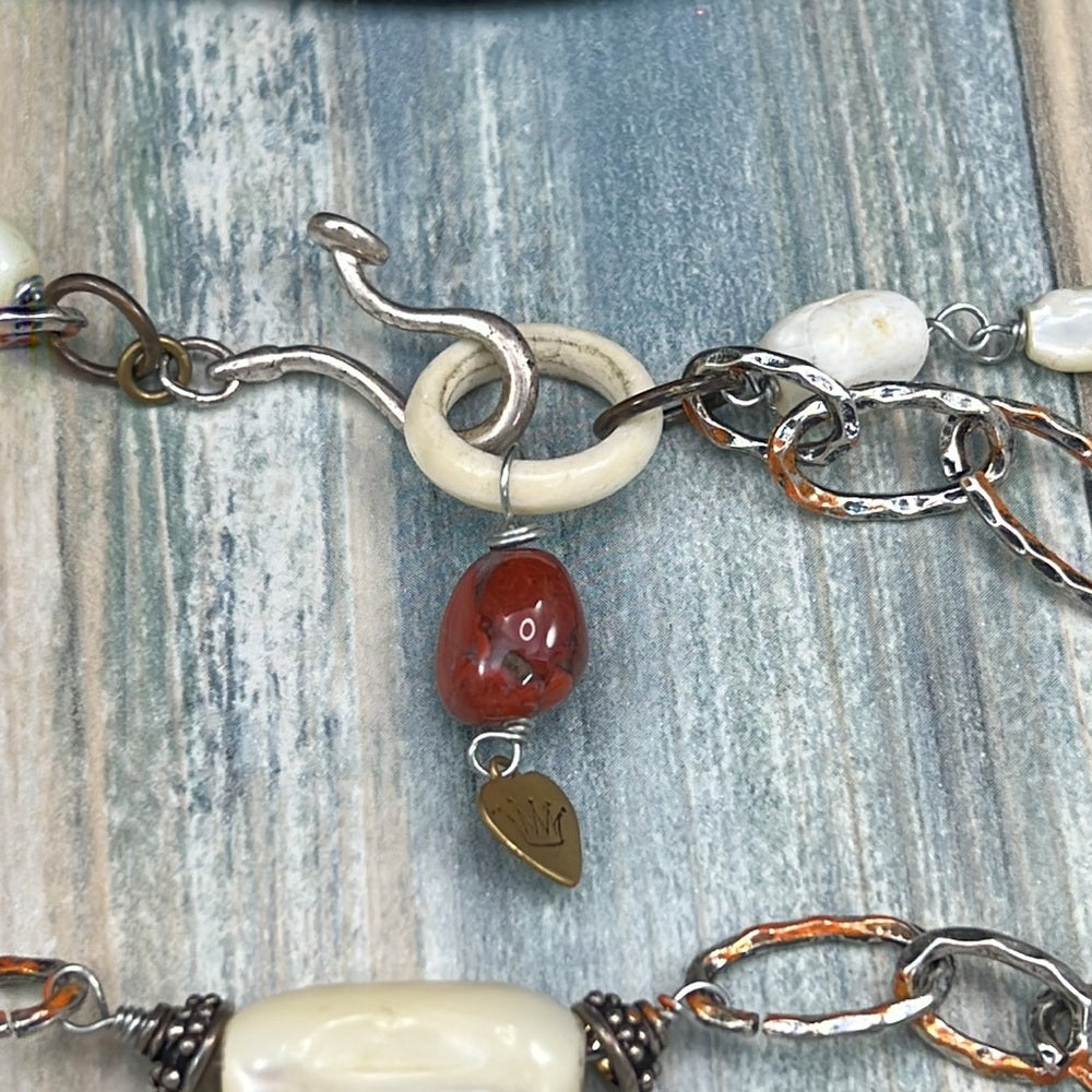 Adorned Crown necklace orange tribal cross mother of Pearl beads assemblage