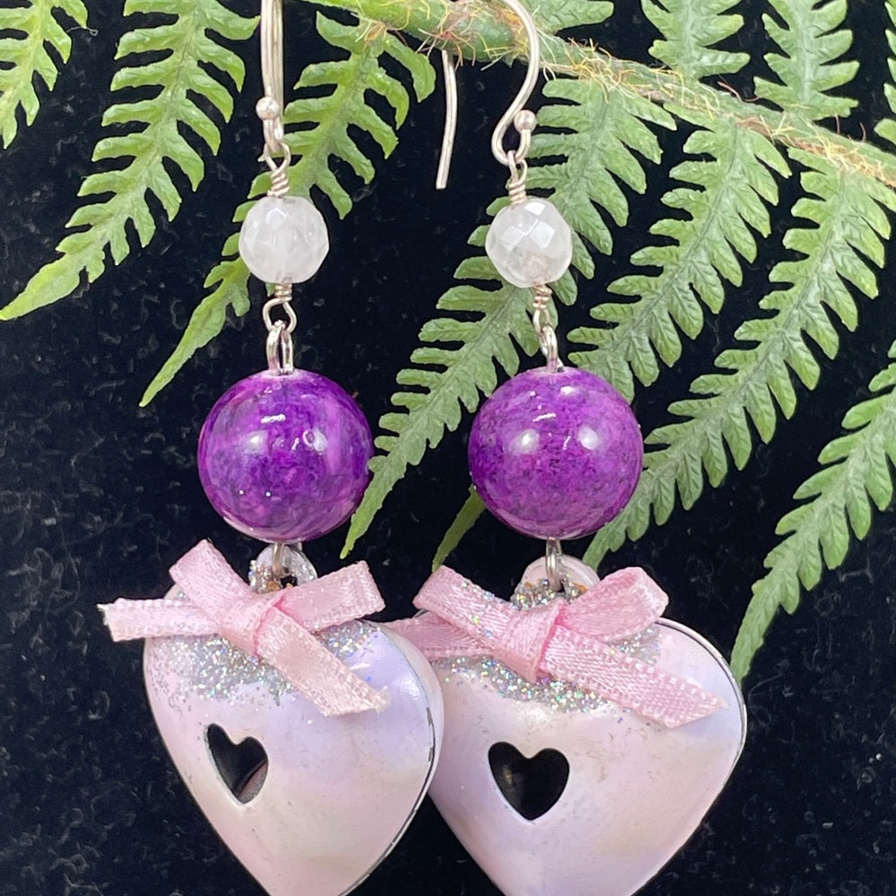 Adorned Crown enamel pink puffy heart bead earrings