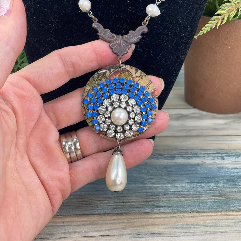 Adorned Crown artisan assemblage rhinestone Pearl swirl necklace