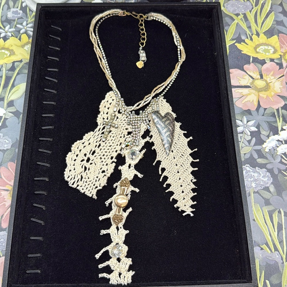 Adorned Crown Jewelry assemblage tattered lace and rhinestone necklace