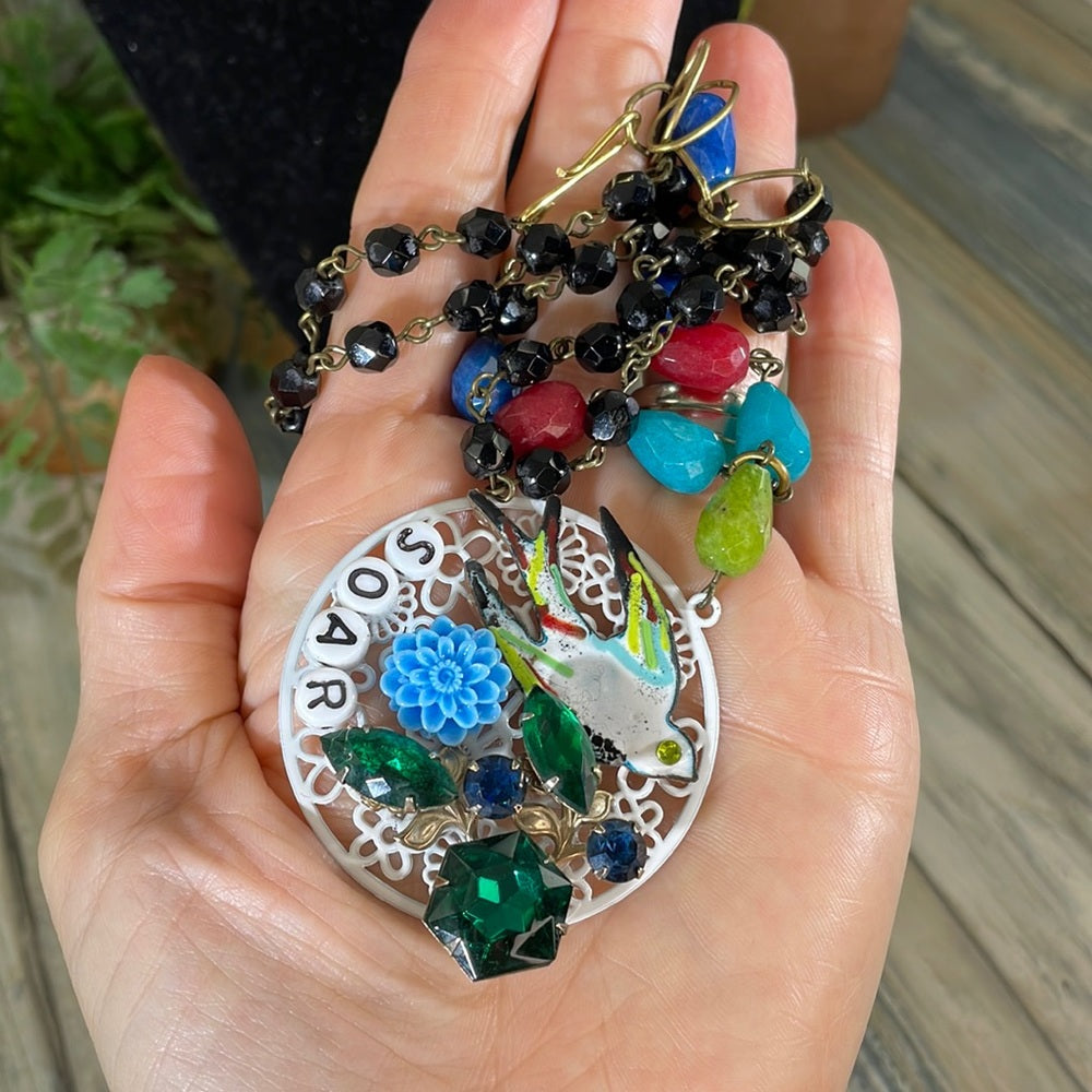 Adorned Crown Artisan assemblage necklace rosary stone soar enamel bird