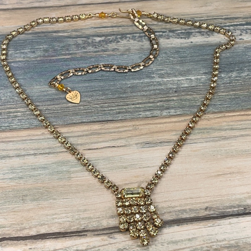 Adorned Crown artisan assemblage vintage yellow petite rhinestone necklace