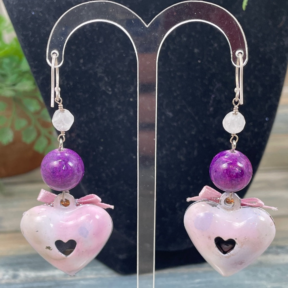 Adorned Crown enamel pink puffy heart bead earrings