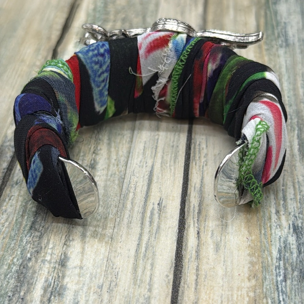 Adorned Crown Jewelry assemblage Hummingbird Multicolor Fabric cuff bracelet