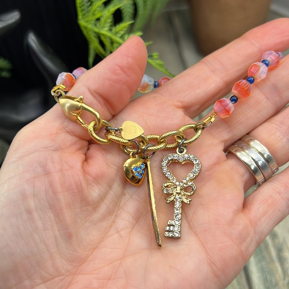 Adorned Crown Jewelry artisan assemblage heart key cloisonné pink bracelet