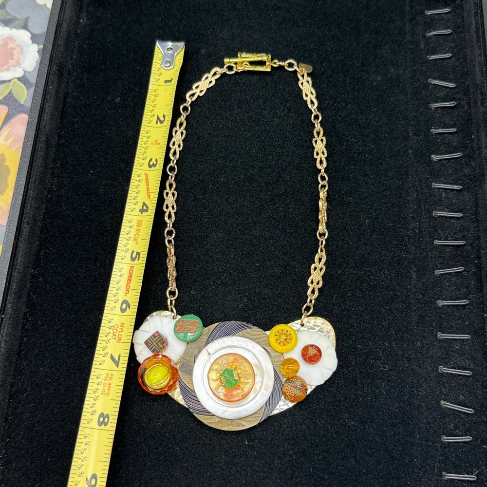 Adorned Crown Jewelry assemblage vintage button bib yellow green necklace