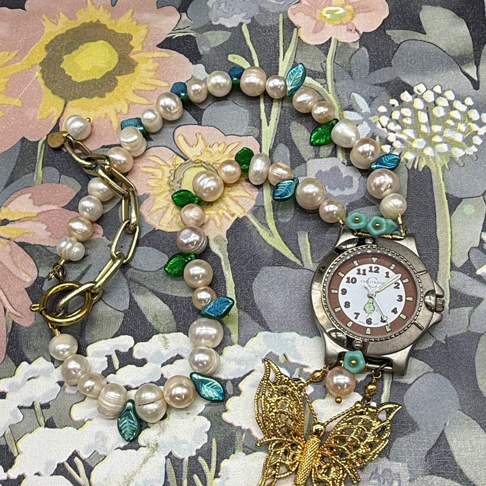 Adorned Crown Jewelry assemblage Pearl Czech glass watch butterfly necklace