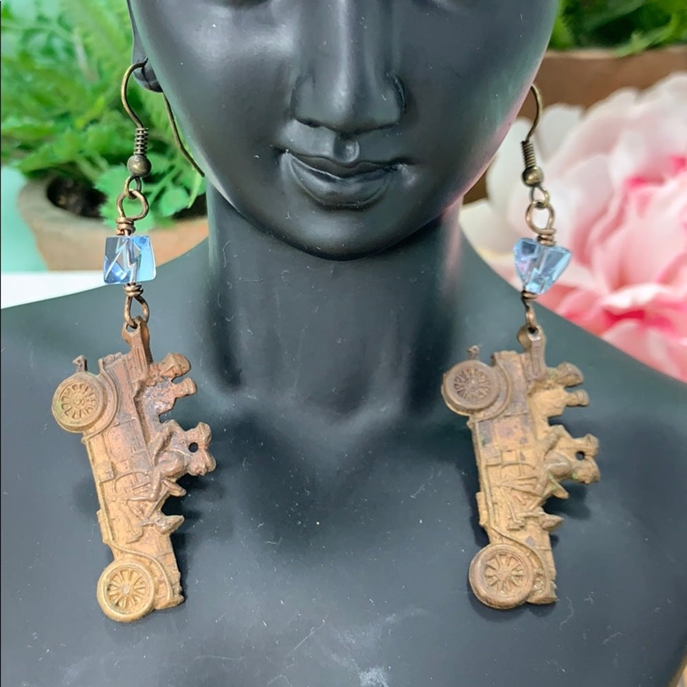 Adorned Crown artisan assemblage Vintage brass cars blue bead earrings