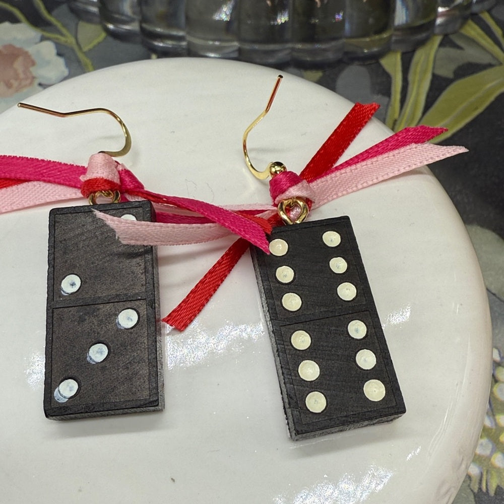 Adorned Crown Jewelry assemblage Christmas pink and red glove domino earrings