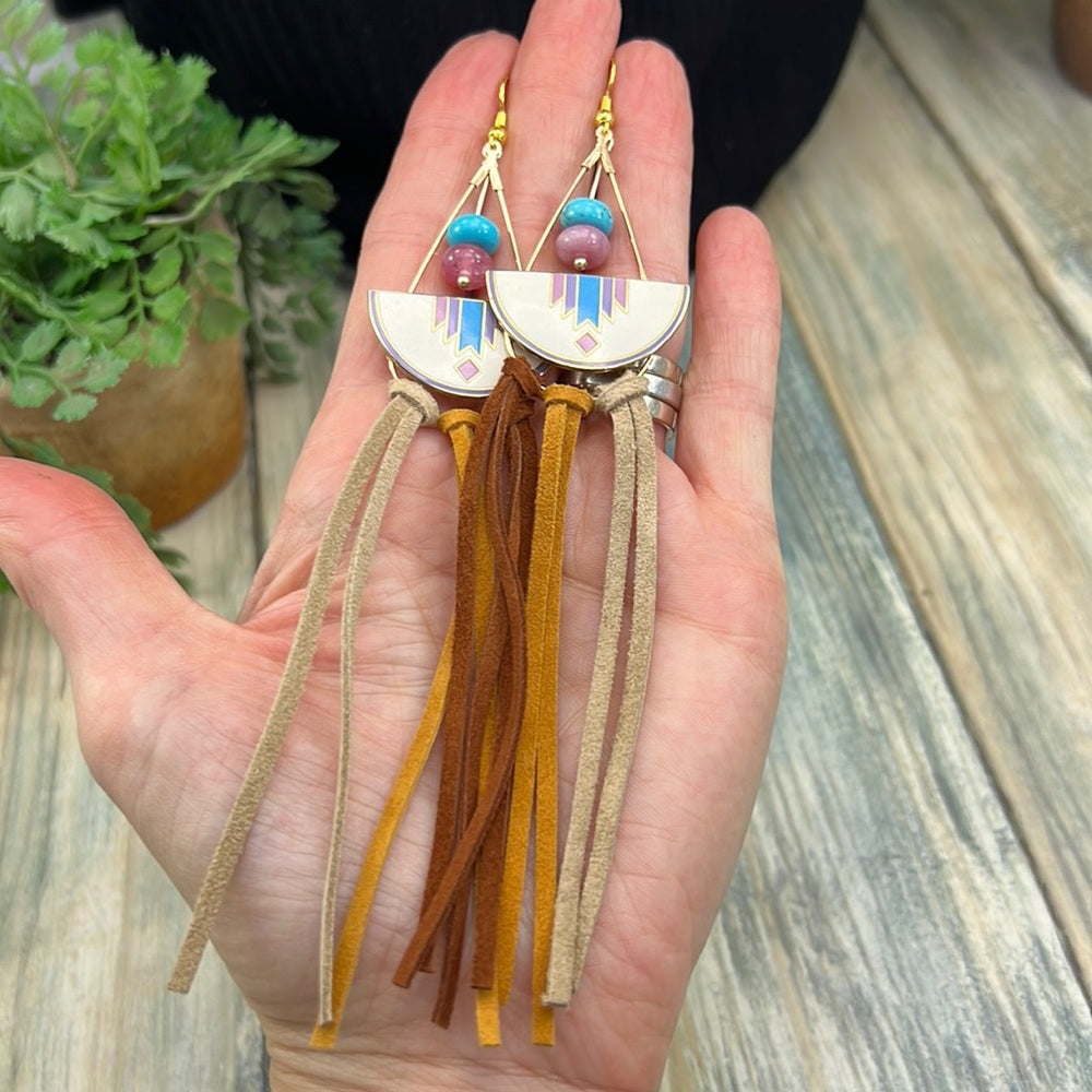 Adorned Crown cowgirl collection turquoise enamel leather tassel earrings