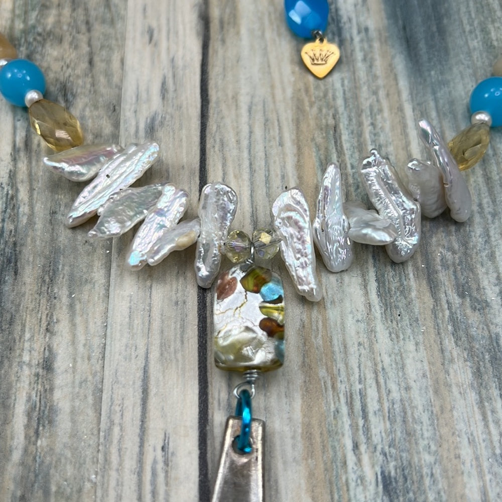 Adorned Crown Artisan Assemblage yellow jade teal quartz dream big necklace
