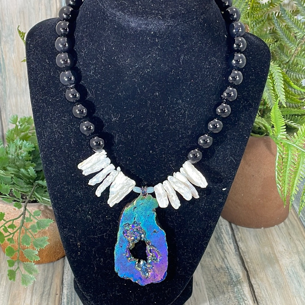 Adorned Crown assemblage druzy stick Pearl beaded statement necklace