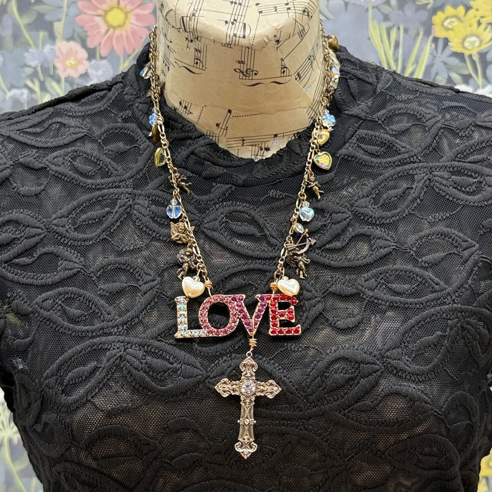 Adorned Crown Jewelry assemblage LOVE cherub charm crystal pendant necklace