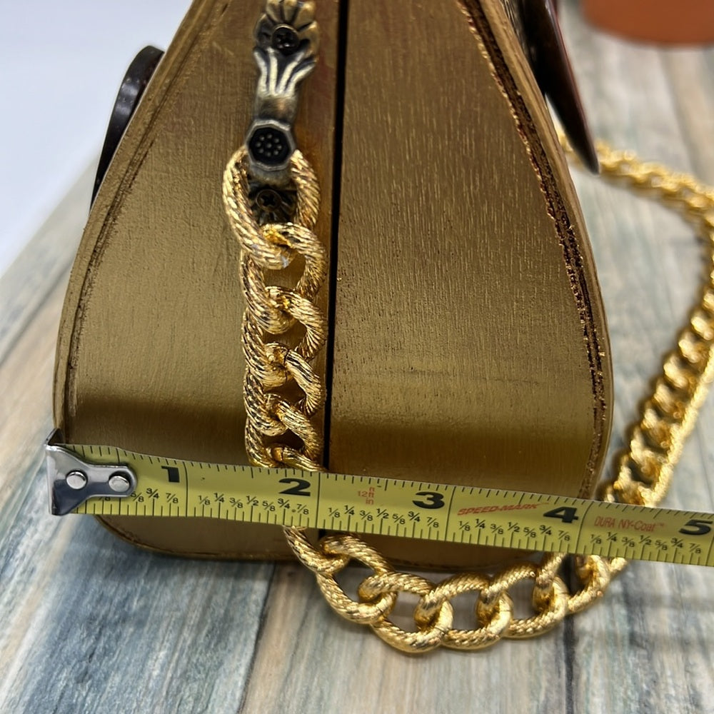 Adorned Crown Altered wood hinged big button gold handle green tassel purse