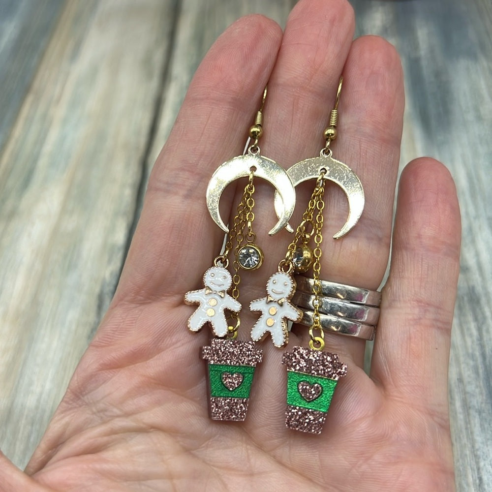Adorned Crown Jewelry Christmas drink gingerbread crescent earrings