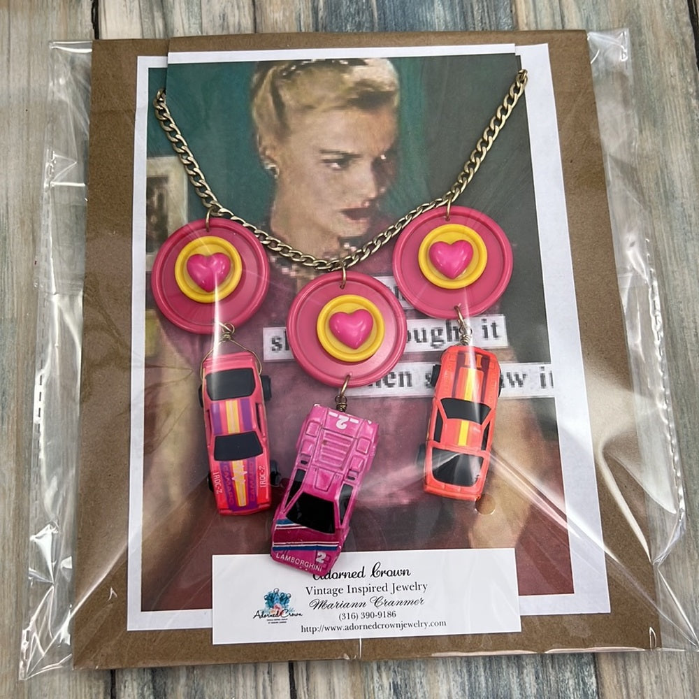 Adorned Crown artisan assemblage child’s play pink car necklace