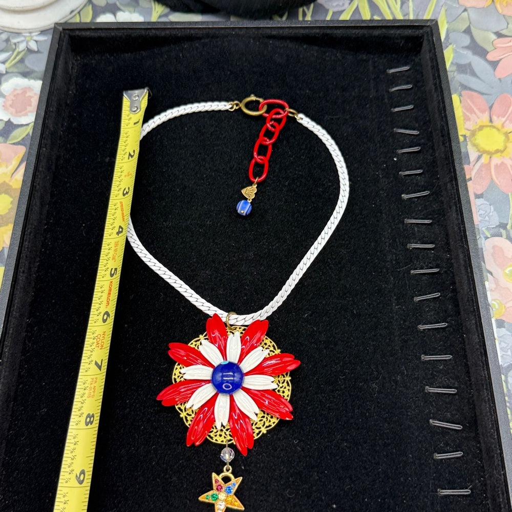 Adorned Crown Jewelry assemblage red white blue enamel flower Star necklace