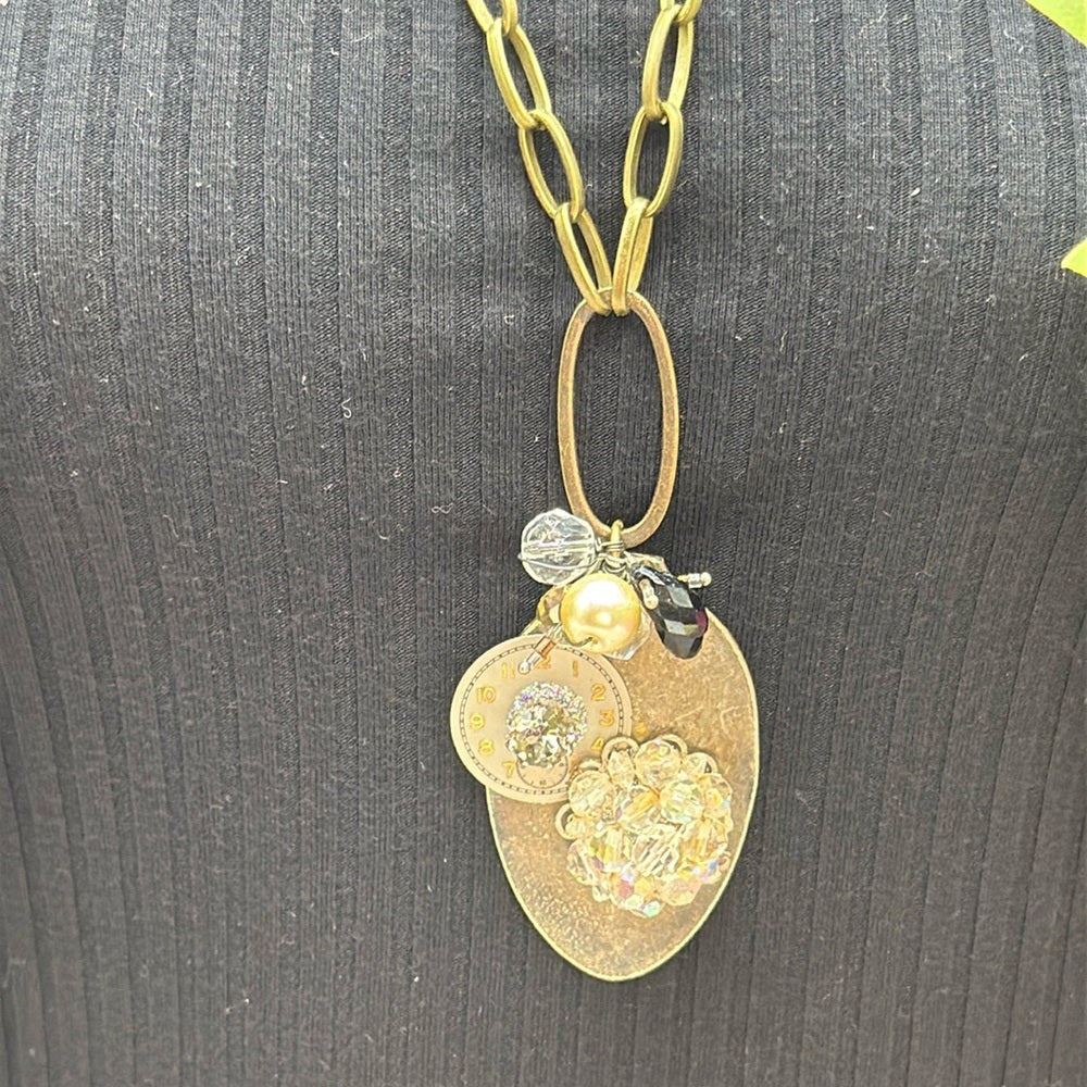 Adorned Crown Jewelry assemblage spoon watch face crystal cluster necklace